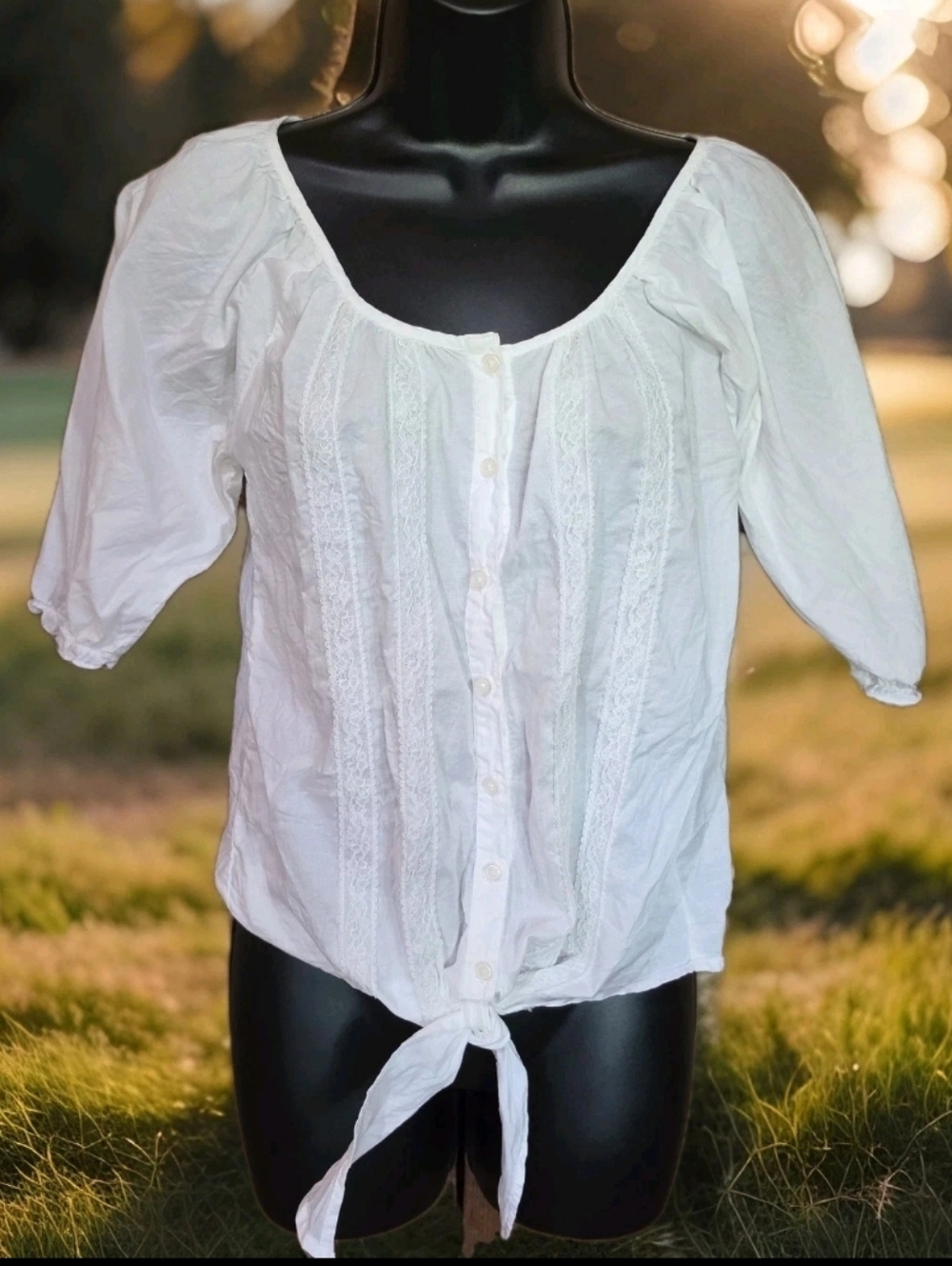 Mudd Tie-Front Jr/Missy Medium Blouse Puff Sleeve Lace Trim Boho Peasant